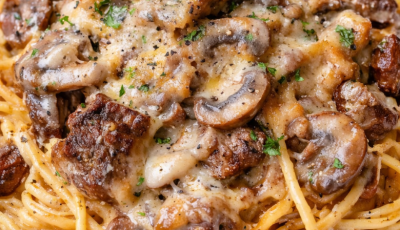 Steak Spaghetti with Mushrooms & Onions in Cream Sauce Recipe